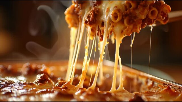 Cinematic macro shot of steaming baked pasta with stretching melted cheese and rich bolognese sauce