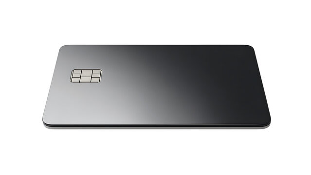 Sleek dark grey credit card with a metallic emv chip, isolated on a plain background, for financial and, banking technology concepts