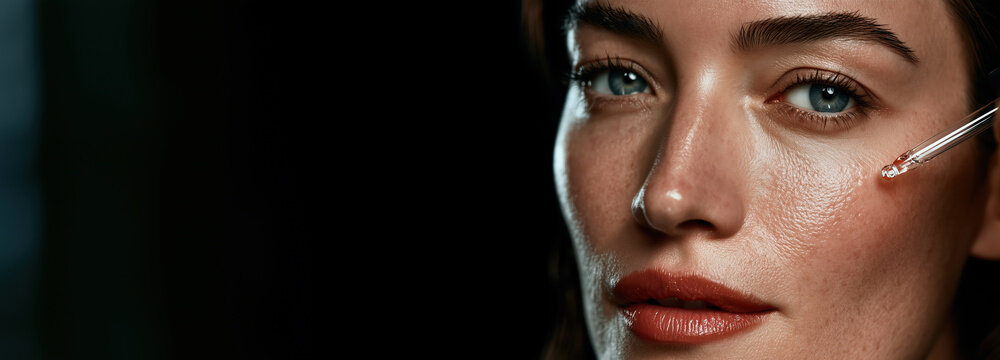Woman applying peptide serum with dropper on dark background. Anti-aging skincare routine, dermatology beauty concept with copy space for text overlay.
