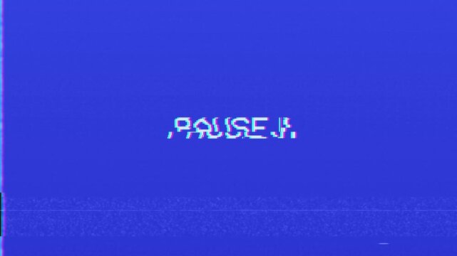 Old damaged vhs pause screen with glitch effects on blue background