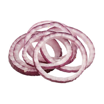 A pile of thinly sliced red onion rings arranged in a loose cluster isolated on a solid black background, for culinary food