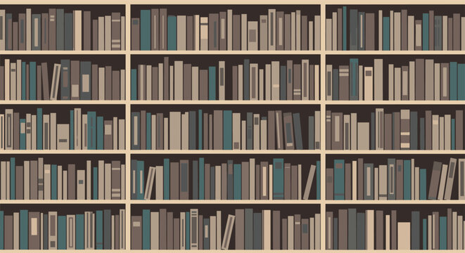 Seamless background pattern of wooden bookshelves tightly packed with books of various sizes and muted colors in a library setting.