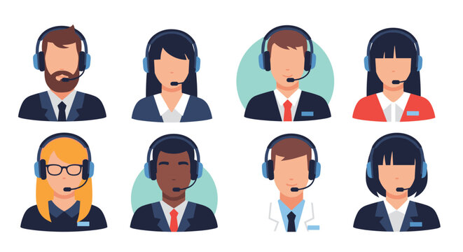 Set of diverse male and female customer service avatars wearing headsets for professional call center and support representation.