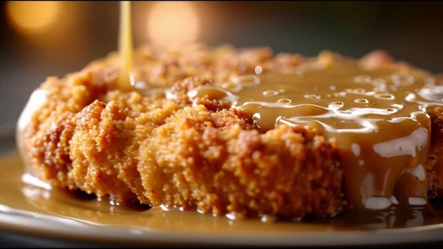 Cinematic macro of savory gravy pouring over a crispy golden breaded cutlet in slow motion
