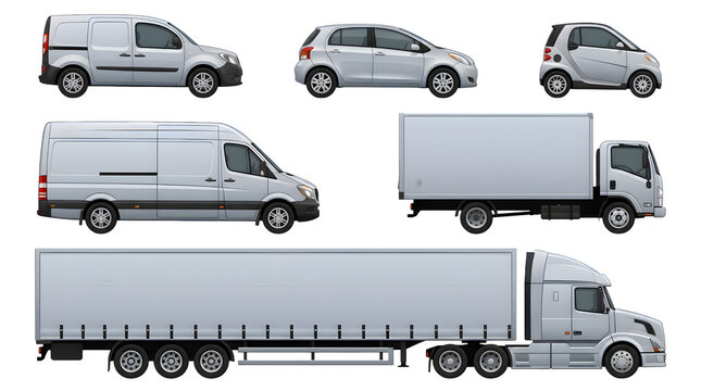 Commercial delivery vehicles set with white van, cargo truck, semi trailer, and electric smart cars.