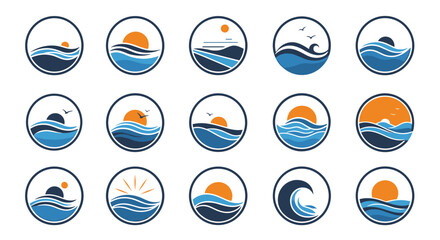 Fototapeta premium Set of circular minimalist logos depicting various ocean wave scenes with sunrises and sunsets in blue and orange.