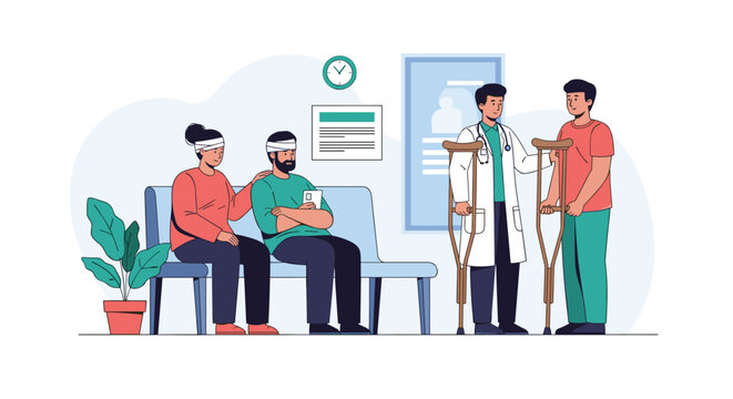 Hospital waiting room scene with patients having bandages and a doctor assisting a man on crutches for medical care.
