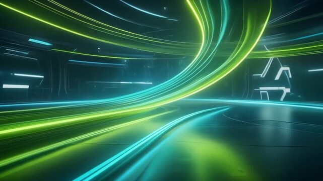 最先端のテックラボをイメージしたライムグリーンとシアンの曲線背景