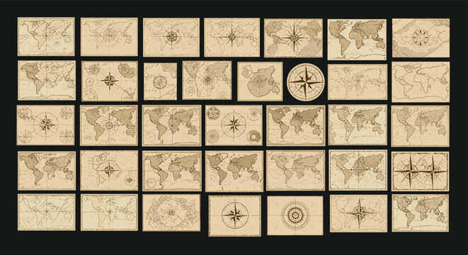 Large collection of antique vintage world map snippets and compass roses on aged parchment style paper backgrounds.