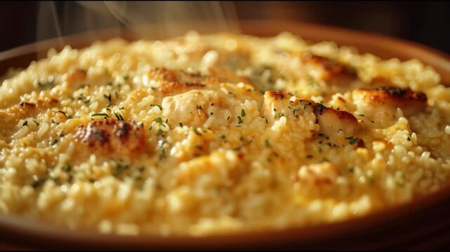 Cinematic macro of steaming gourmet risotto with grilled chicken and fresh herbs