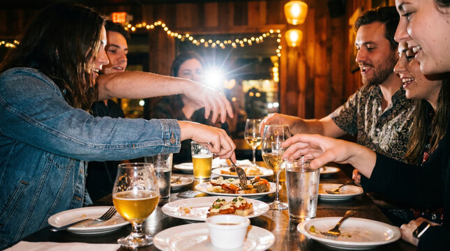 Group of happy friends sharing food and drinking beer at a restaurant. Young adults laughing and eating dinner together in a cozy pub at night. Friendship and socializing concept