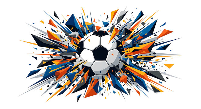 Abstract soccer football vector illustration, dynamic ball exploding with colorful geometric triangles isolated on clean white background.