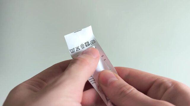 hand holds a small clothing care tag checking the laundry symbols for proper fabric maintenance. She reads the label instructions before washing the garment. Concept of clothing care,