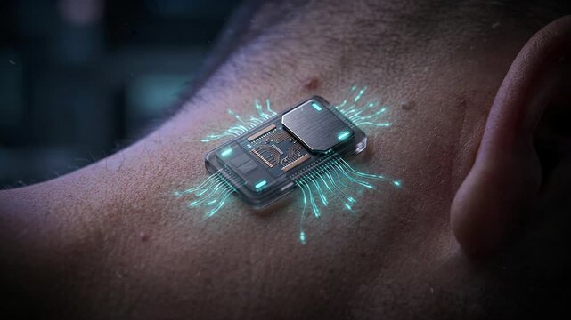 Glowing green cybernetic circuit microchip implant on human skin near neck of cyborg symbolizes future technology integration, biohacking innovation, neural connection, silent anticipation