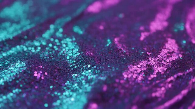 キラキラ輝くスパンコールが混ざり合うホログラフィックな液体メタルの波紋背景