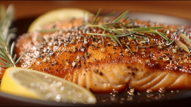 Cinematic macro tracking shot of gourmet grilled salmon fillet with rosemary and fresh lemon