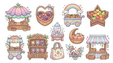 A collection of whimsical pastel market stalls and fruit displays, featuring cute carts, baskets, and stands filled with colorful berries, apples, and other produce in a charming, cartoon style. © Terra