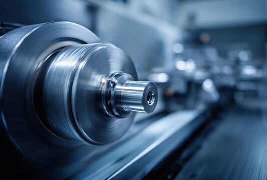 Close-up view of a rotating precision metal spindle on an industrial lathe machine in a workshop setting.