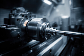 Fototapeta premium Close-up view of a precision metal spindle, a key component of industrial CNC machining equipment.
