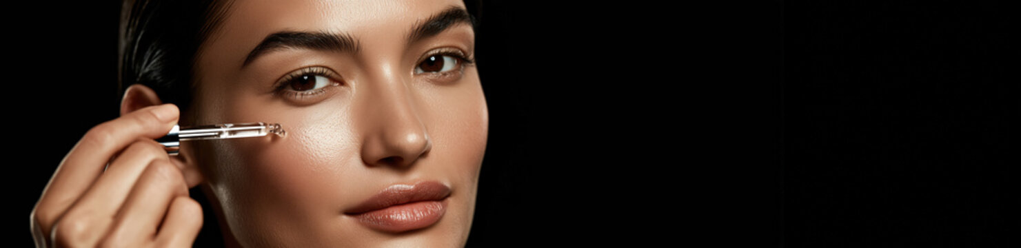 Woman applying peptide serum with dropper on black background. Luxury anti-aging skincare, dermatology beauty routine with copy space for text.