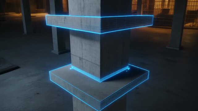 コンクリート柱に3DのBIMモデルメッシュが重なるスマート建設のクローズアップ
