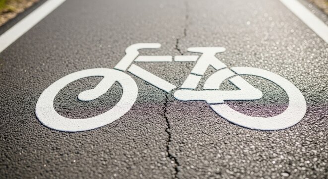 White bicycle symbol painted on asphalt cycle lane with a crack. Close-up of a bike path sign, indicating safe passage for cyclists