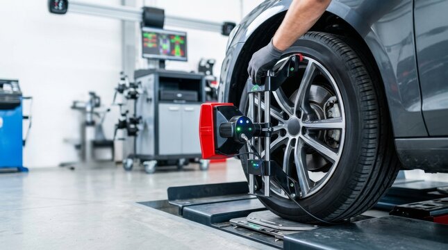 Mechanic performing wheel alignment on a car using modern computerized equipment in an auto repair shop with a computer monitor displaying diagnostic data