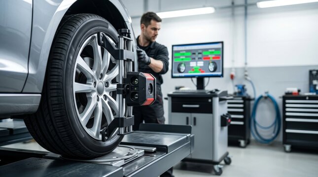 Mechanic performing wheel alignment on a car using modern computerized equipment in an auto repair shop with a computer monitor displaying diagnostic data