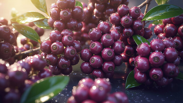 A premium ultra-realistic food photography composition showcasing clusters of fresh ripe falsa berries in deep purple