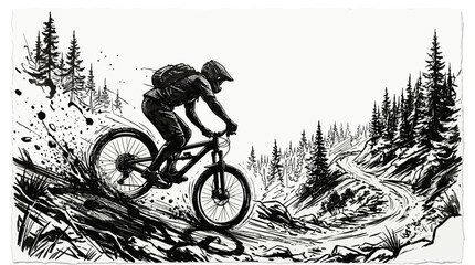 Dynamic mountain biker descending a rugged forest trail with speed. © jonatan