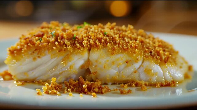Cinematic macro of gourmet seared white fish with golden herb crust and breadcrumbs