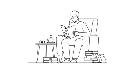Fototapeta premium Man Reading Book in Armchair with Coffee and Books Stacked - Line Art