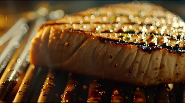 Cinematic macro of seasoned swordfish steak searing on hot grill with rising smoke