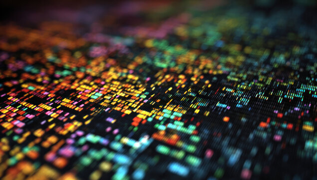 A close-up of a glowing, colorful digital pixel circuit pattern, showing abstract tech-related visual elements in sharp focus.