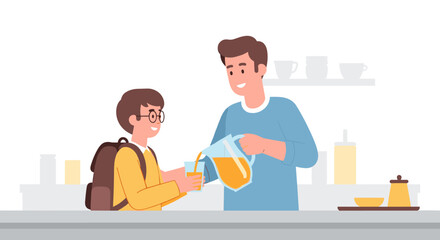 Fototapeta premium A father pouring orange juice for his son with a backpack representing back to school morning routine in this flat minimalist soft solid color illustration