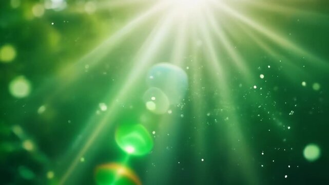 柔らかな木漏れ日の中を浮遊するフレッシュなグリーンの粒子背景