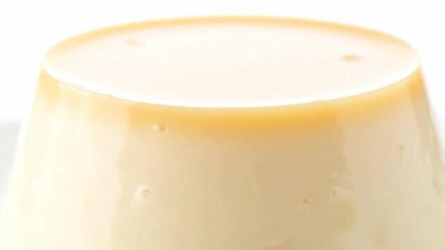 Extreme close-up shot of smooth and creamy custard pudding (Purin or Cr&egrave;me Caramel) dessert isolated on a bright white background, emphasizing its glossy texture and golden coloring.