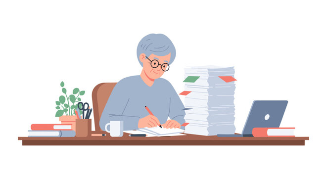 An elderly woman studying at a desk with a large stack of papers and a laptop for a back to school session in this flat minimal illustration without outline