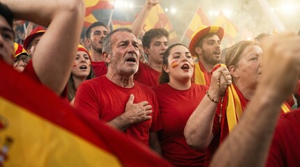 Fototapeta premium Spanish fans in red shirts with face paint singing with flags