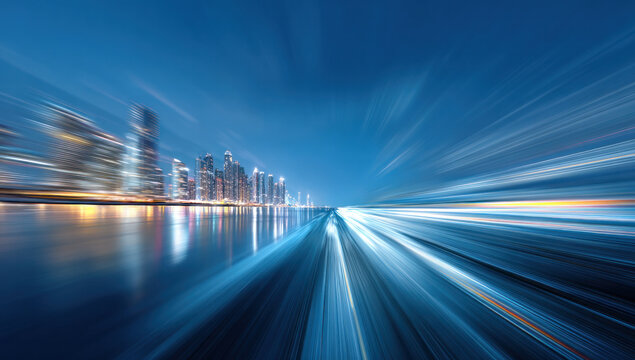 Night urban scene with motion blur effect, showing city skyline by calm water and light streaks implying high speed.