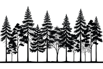 Obraz premium Pine forest background silhouette featuring detailed evergreen conifer trees fir spruce wood panoramic horizontal border landscape vector illustration graphic
