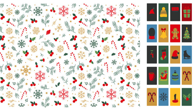 Christmas seamless pattern with candy cane, snowflake, holly, cherry and pine branch on dark background plus colorful festive card set collection