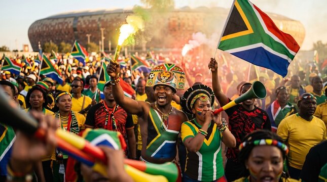 South African fans celebrating with flags and flares at a stadium