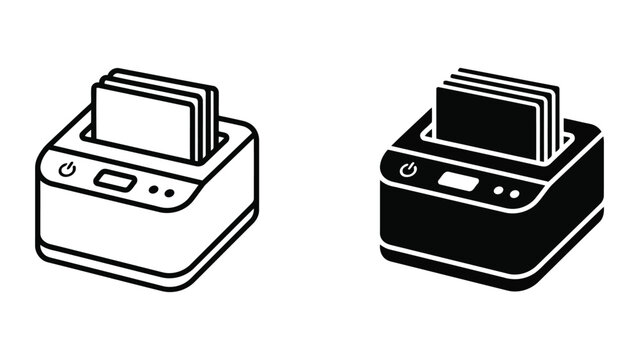 Compact desktop document scanner and printer hardware unit line and solid icon set isolated on white background
