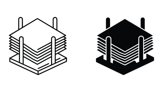 Industrial pallet icon set featuring isometric stack of wooden boards in outline and solid black silhouette styles for logistics and warehouse management design isolated on white background