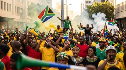 Fototapeta na wymiar South African crowd celebrating with flags and vuvuzelas in street