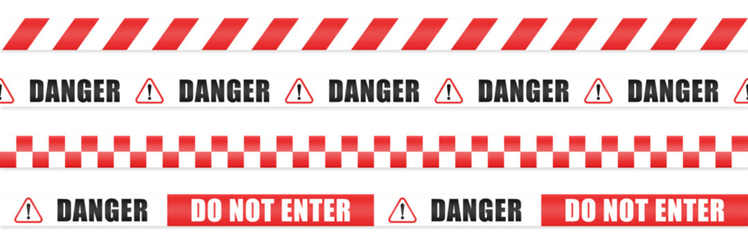 Realistic Danger tape vector set. Isolated danger tapes seamless pattern on white background. Red, black and white stripes ribbons safety concept. Do not enter barrier lines. Vector illustration.