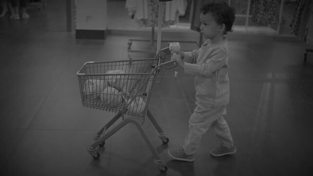 Toddler Pushing Small Metal Shopping Cart Filled with Clothes in Boutique