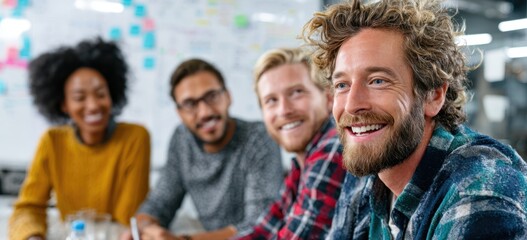 Obraz premium Diverse team of young professionals in a meeting room sharing ideas and smiles