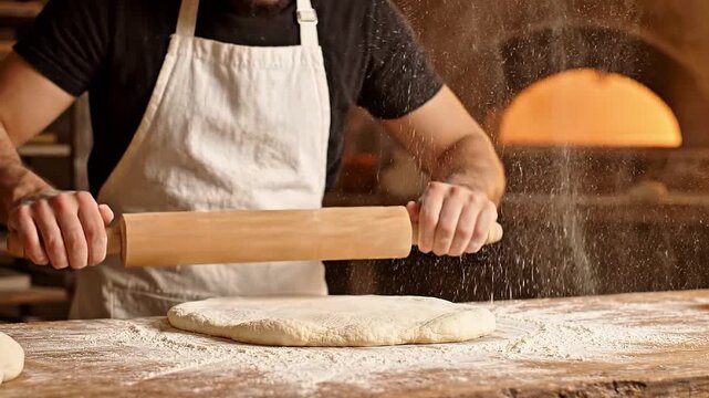 Professional baker skillfully flattening fresh pizza dough with a wooden rolling pin on a rustic floured kitchen workspace in front of a traditional stone oven